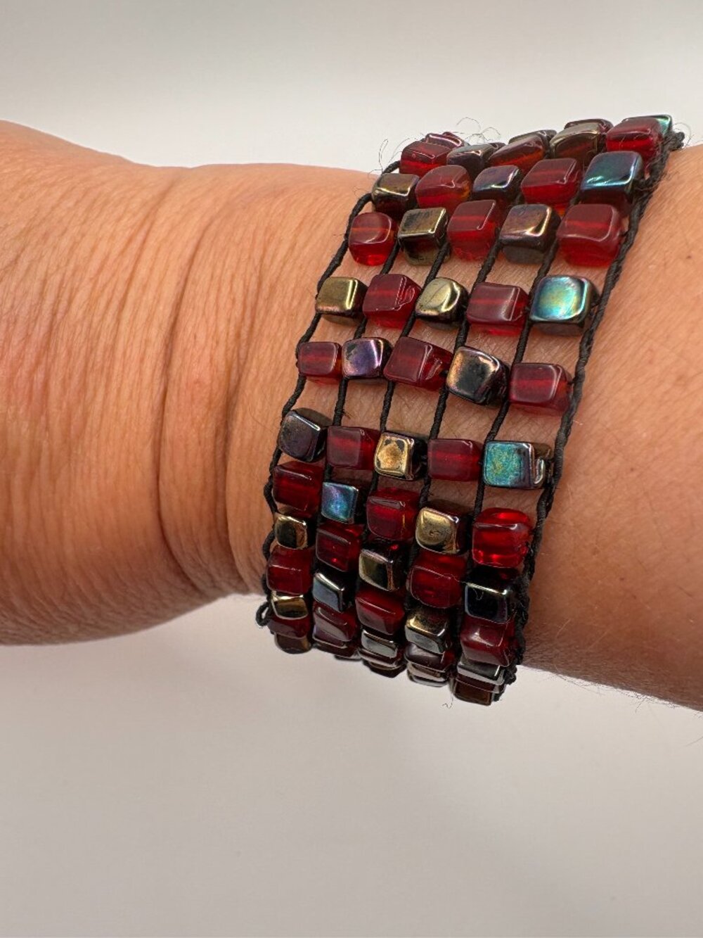 Red Beaded Stretch Bracelet Multi Strand Boho Stack Elastic Bracelet